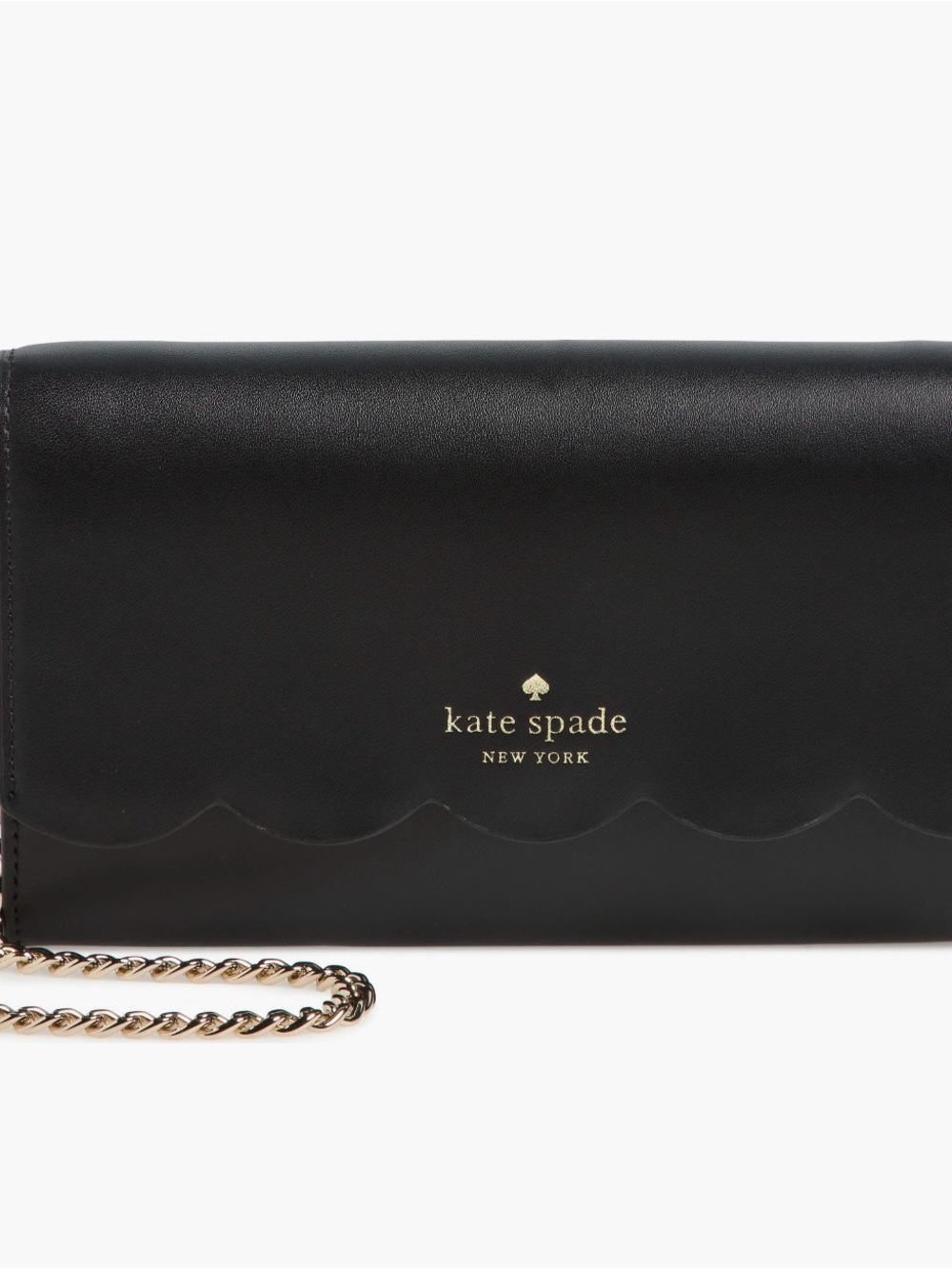 kate spade black leather scalloped clutch with gold chain